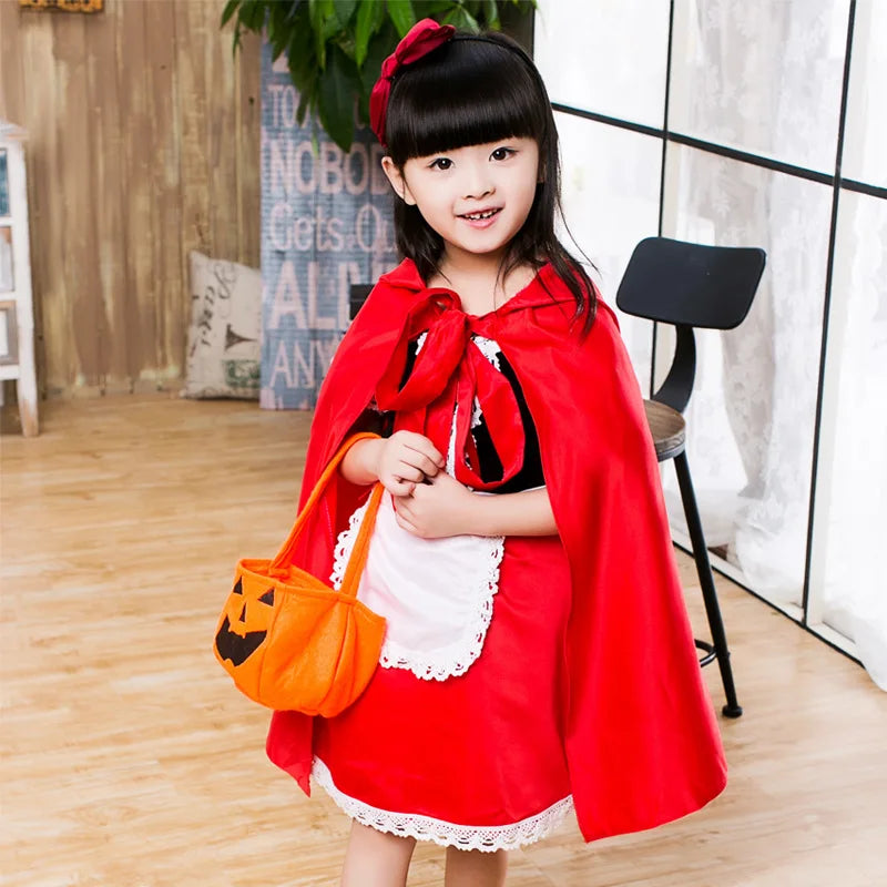 Children Little Red Riding Hood Cosplay Dress Princess Party Cosplay Coat Cape Halloween Costume for Kids Girls Fancy Dress