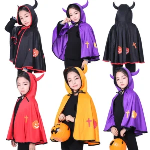 Halloween Kids Devil Horn Hooded Cape Party Cosplay Witch Vampire Pumpkin Cloak for Girls Boys